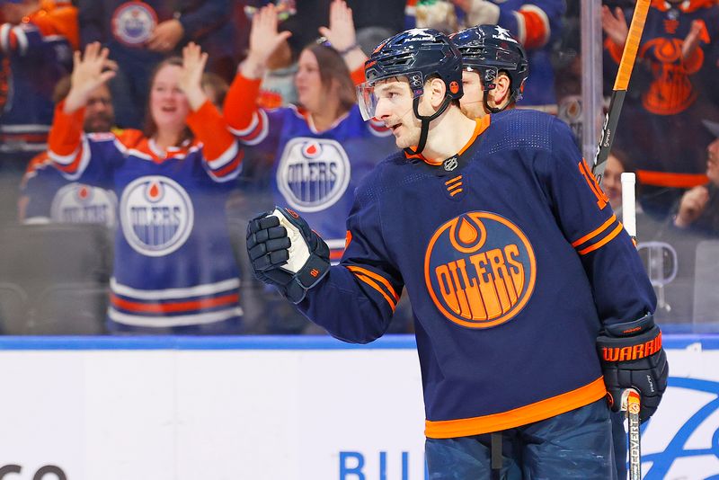 Mar 21, 2024; Edmonton, Alberta, CAN; Edmonton Oilers forward Zach Hyman (18) celebrates after scoring a goal during the third period against the Buffalo Sabres at Rogers Place. Mandatory Credit: Perry Nelson-USA TODAY Sports