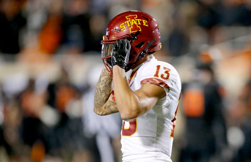 Nov 12, 2022; Stillwater, Oklahoma, USA;  Iowa State Cyclones wide receiver Jaylin Noel (13) reacts after the Cyclones final possession against the Oklahoma State Cowboys in the fourth quarter at Boone Pickens Stadium. OSU won 20-14. Mandatory Credit: Sarah Phipps-USA TODAY Sports