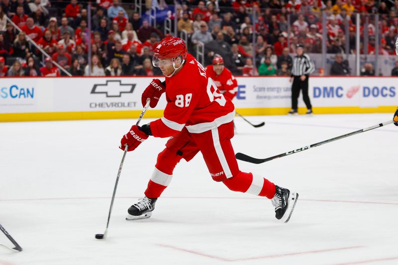 Dec 29, 2023; Detroit, Michigan, USA; Detroit Red Wings right wing Patrick Kane (88) shoots the puck during the second period of the game between the Nashville Predators and the Detroit Red Wings at Little Caesars Arena. Mandatory Credit: Brian Bradshaw Sevald-USA TODAY Sports