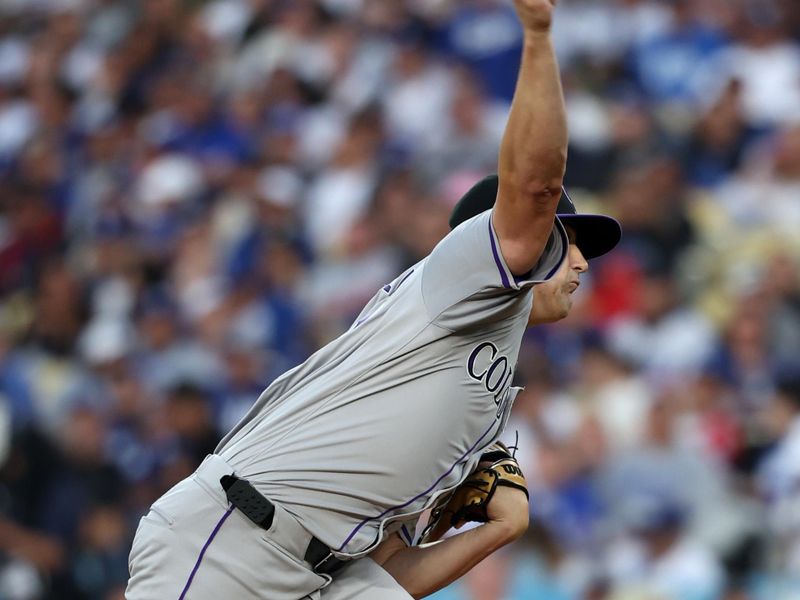 Jun 1, 2024; Los Angeles, California, USA;  Colorado Rockies starting pitcher Cal Quantrill (47) pitches during the second inning against the Los Angeles Dodgers at Dodger Stadium. Mandatory Credit: Kiyoshi Mio-USA TODAY Sports