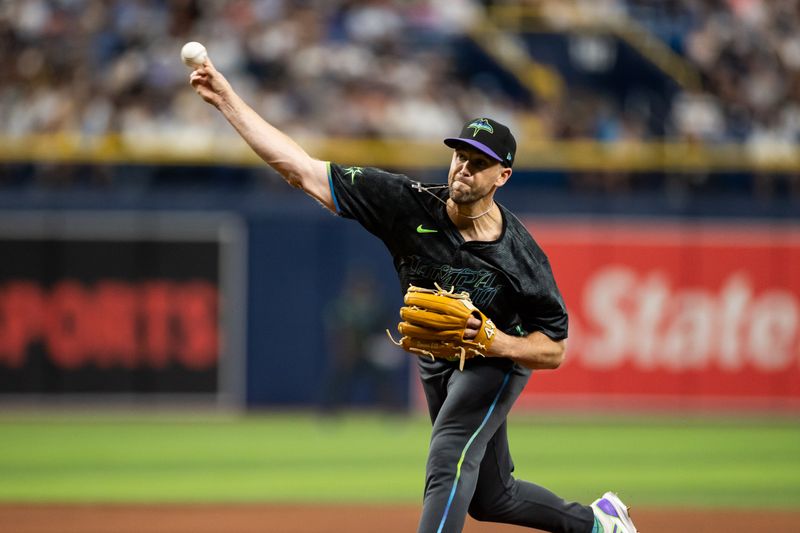 May 11, 2024; St. Petersburg, Florida, USA; Tampa Bay Rays pitcher Jason Adam (47) throws the ball against the New York Yankees during the seventh inning at Tropicana Field. Mandatory Credit: Matt Pendleton-USA TODAY Sports