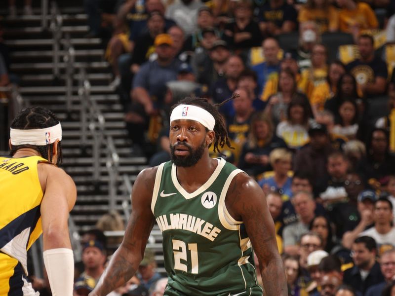 INDIANAPOLIS, IN - APRIL 28: Patrick Beverley #21 of the Milwaukee Bucks dribbles the ball during the game against the Indiana Pacers during Round 1 Game 4 of the 2024 NBA Playoffs on April 28, 2024 at Gainbridge Fieldhouse in Indianapolis, Indiana. NOTE TO USER: User expressly acknowledges and agrees that, by downloading and or using this Photograph, user is consenting to the terms and conditions of the Getty Images License Agreement. Mandatory Copyright Notice: Copyright 2024 NBAE (Photo by Nathaniel S. Butler/NBAE via Getty Images)