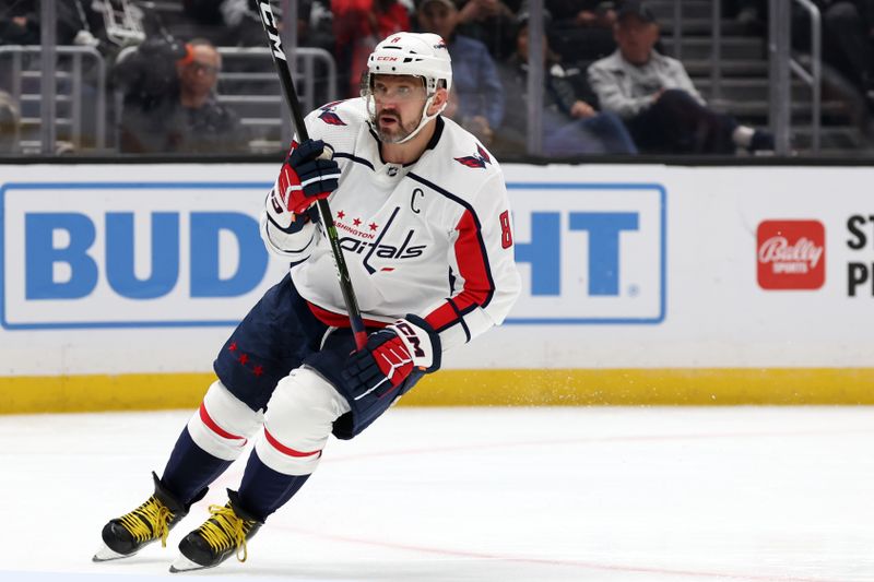 Nov 29, 2023; Los Angeles, California, USA; Washington Capitals left wing Alex Ovechkin (8) skates on the ice during the third period against the Los Angeles Kings at Crypto.com Arena. Mandatory Credit: Kiyoshi Mio-USA TODAY Sports