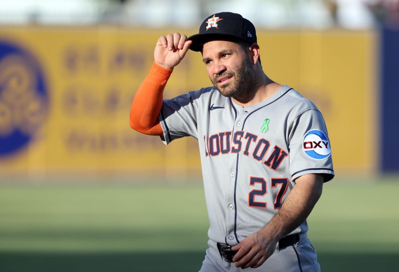 May 20, 2025; St. Petersburg, Florida, USA; Houston Astros outfielder Jose Altuve (27) looks on against the Tampa Bay Rays before the game at George M. Steinbrenner Field. Mandatory Credit: Kim Klement Neitzel-Imagn Images