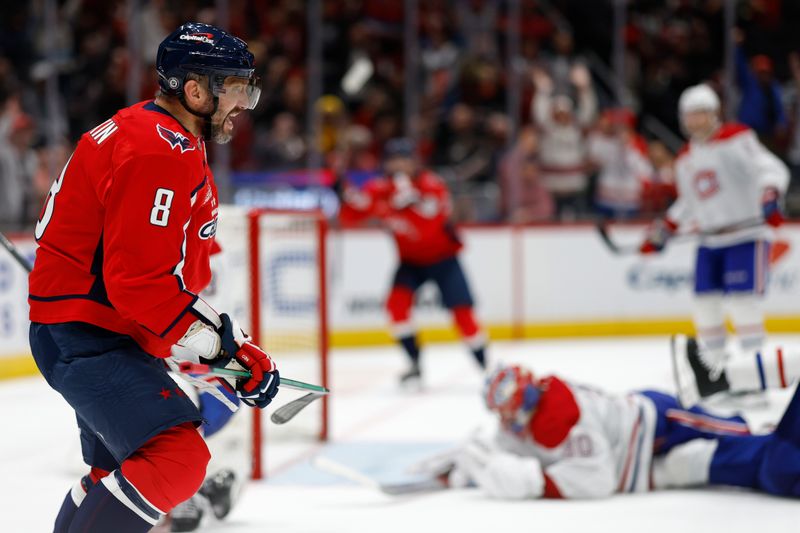 Oct 31, 2024; Washington, District of Columbia, USA; Washington Capitals left wing Alex Ovechkin (8) celebrates after scoring a goal on Montreal Canadiens goaltender Cayden Primeau (30) in the third period at Capital One Arena. Mandatory Credit: Geoff Burke-Imagn Images