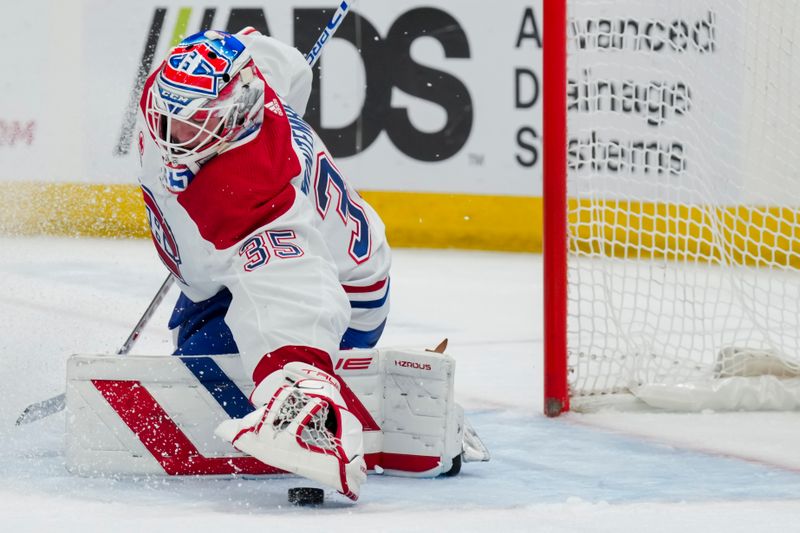 Nov 29, 2023; Columbus, Ohio, USA;  Montreal Canadiens goaltender Sam Montembeault (35) makes a save in net against the Columbus Blue Jackets in the second period at Nationwide Arena. Mandatory Credit: Aaron Doster-USA TODAY Sports