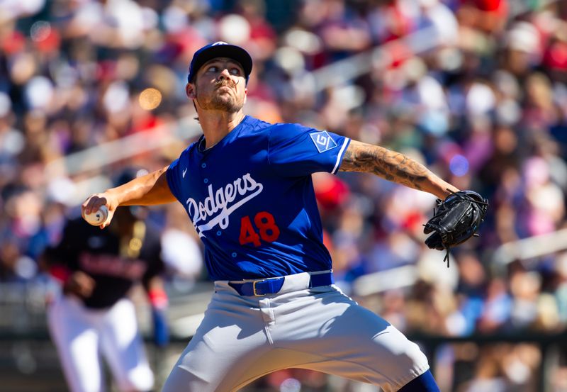 Mar 11, 2024; Goodyear, Arizona, USA; Los Angeles Dodgers pitcher Michael Hobbs against the Cleveland Guardians during a spring training game at Goodyear Ballpark. Mandatory Credit: Mark J. Rebilas-USA TODAY Sports