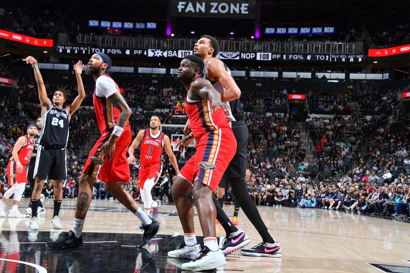 SAN ANTONIO, TX - FEBRUARY 2:  Zion Williamson #1 of the New Orleans Pelicans and Victor Wembanyama #1 of the San Antonio Spurs battle for position on February 2, 2024 at the Frost Bank Center in San Antonio, Texas. NOTE TO USER: User expressly acknowledges and agrees that, by downloading and or using this photograph, user is consenting to the terms and conditions of the Getty Images License Agreement. Mandatory Copyright Notice: Copyright 2024 NBAE (Photos by Michael Gonzales/NBAE via Getty Images)