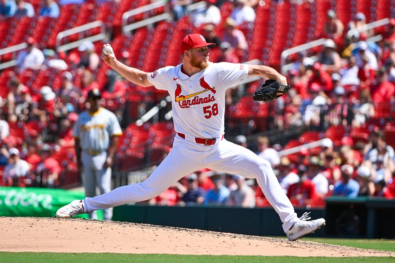 Jun 13, 2024; St. Louis, Missouri, USA;  St. Louis Cardinals relief pitcher Chris Roycroft (58) pitches against the Pittsburgh Pirates during the seventh inning at Busch Stadium. Mandatory Credit: Jeff Curry-USA TODAY Sports