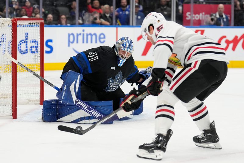 Dec 2, 2024; Toronto, Ontario, CAN; Toronto Maple Leafs goaltender Anthony Stolarz (41) sets up to make a save against Chicago Blackhawks forward Craig Smith (15) during the second period at Scotiabank Arena. Mandatory Credit: John E. Sokolowski-Imagn Images