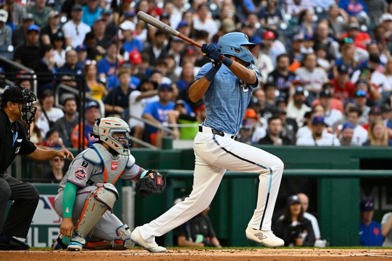 Apr 26, 2025; Washington, District of Columbia, USA; Washington Nationals outfielder James Wood (29) singles against the New York Mets during the first inning at Nationals Park. Mandatory Credit: Brad Mills-Imagn Images