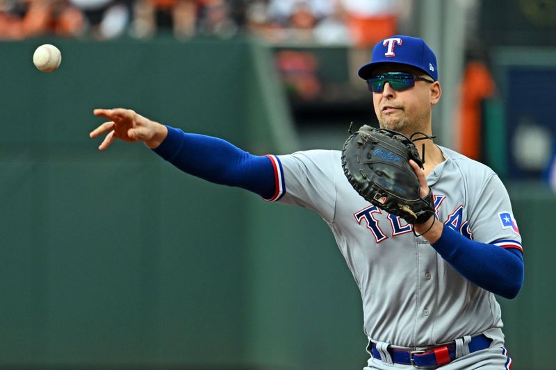 Oct 8, 2023; Baltimore, Maryland, USA; Texas Rangers third baseman Josh Jung (6) throws to first base during the first inning at bat during game two of the ALDS for the 2023 MLB playoffs at Oriole Park at Camden Yards. Mandatory Credit: Tommy Gilligan-USA TODAY Sports