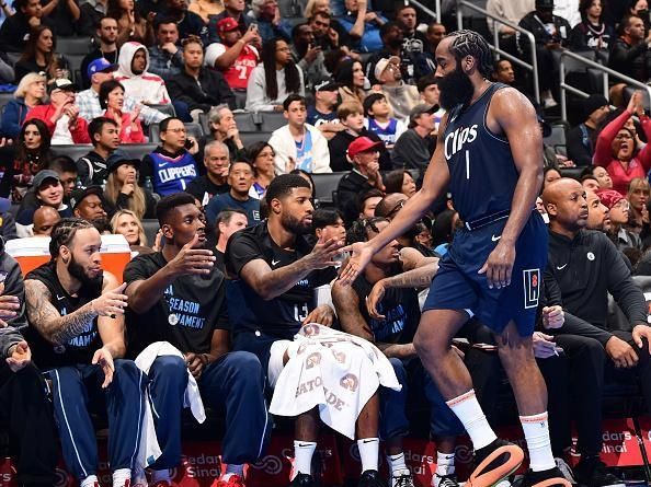 LOS ANGELES, CA - NOVEMBER 24: James Harden #1 of the LA Clippers walks towards the bench during the game against the New Orleans Pelicans during the In-Season Tournament on November 24, 2023 at Crypto.Com Arena in Los Angeles, California. NOTE TO USER: User expressly acknowledges and agrees that, by downloading and/or using this Photograph, user is consenting to the terms and conditions of the Getty Images License Agreement. Mandatory Copyright Notice: Copyright 2023 NBAE (Photo by Adam Pantozzi/NBAE via Getty Images)