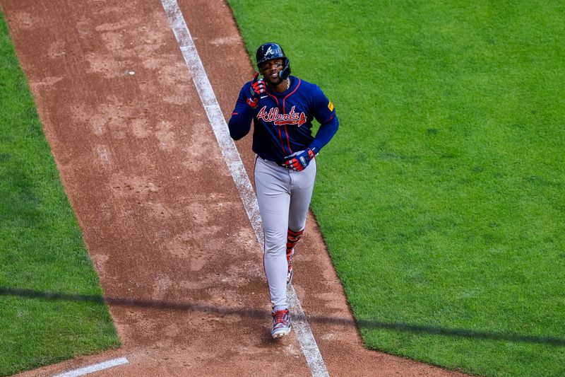 Sep 19, 2024; Cincinnati, Ohio, USA; Atlanta Braves outfielder Jorge Soler (2) reacts after hitting a three-run home run in the sixth inning against the Cincinnati Reds at Great American Ball Park. Mandatory Credit: Katie Stratman-Imagn Images