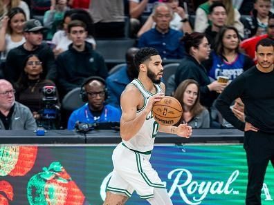 LOS ANGELES, CA - DECEMBER 23:  Jayson Tatum #0 of the Boston Celtics handles the ball during the game  on December 23, 2023 at Crypto.Com Arena in Los Angeles, California. NOTE TO USER: User expressly acknowledges and agrees that, by downloading and/or using this Photograph, user is consenting to the terms and conditions of the Getty Images License Agreement. Mandatory Copyright Notice: Copyright 2023 NBAE (Photo by Tyler Ross/NBAE via Getty Images)