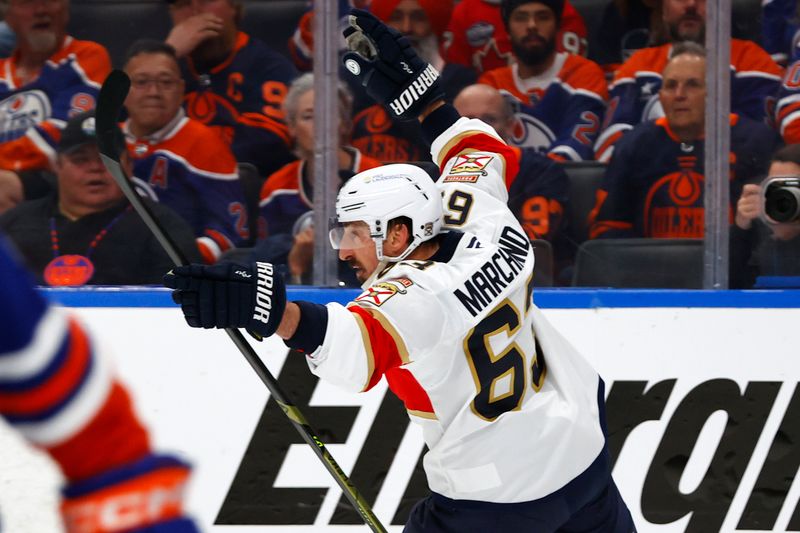 Jun 6, 2025; Edmonton, Alberta, CAN; Florida Panthers center Brad Marchand (63) reacts after scoring a goal against the Edmonton Oilers during the first period in game two of the 2025 Stanley Cup Final at Rogers Place. Mandatory Credit: Perry Nelson-Imagn Images