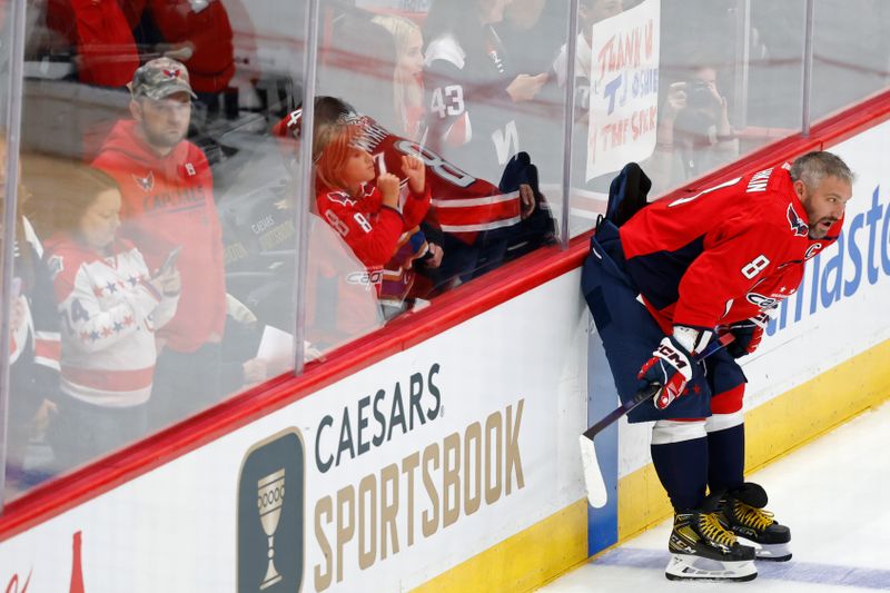 Sep 28, 2023; Washington, District of Columbia, USA; Washington Capitals left wing Alex Ovechkin (8) stands on the ice during warmup prior to the game Detroit Red Wings  at Capital One Arena. Mandatory Credit: Geoff Burke-USA TODAY Sports