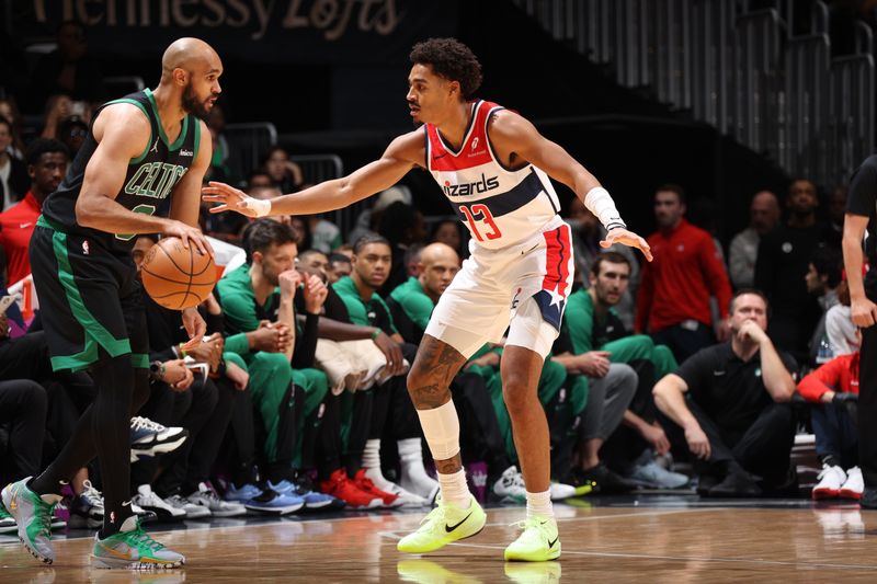 WASHINGTON, DC -? OCTOBER 24: Jordan Poole #13 of the Washington Wizards plays defense during the game against the Boston Celtics on October 24, 2024 at Capital One Arena in Washington, DC. NOTE TO USER: User expressly acknowledges and agrees that, by downloading and or using this Photograph, user is consenting to the terms and conditions of the Getty Images License Agreement. Mandatory Copyright Notice: Copyright 2024 NBAE (Photo by Stephen Gosling/NBAE via Getty Images)