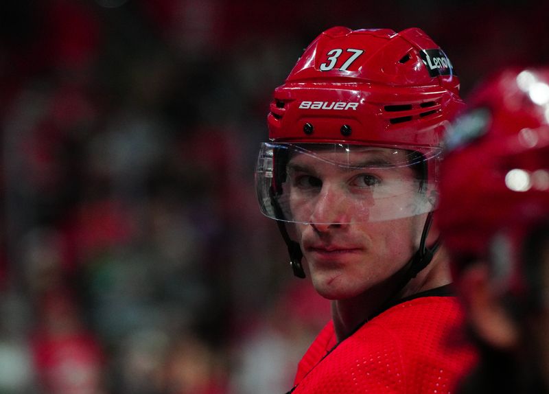 Dec 23, 2023; Raleigh, North Carolina, USA; Carolina Hurricanes right wing Andrei Svechnikov (37) looks on during the warmups before the game against the New York Islanders at PNC Arena. Mandatory Credit: James Guillory-USA TODAY Sports