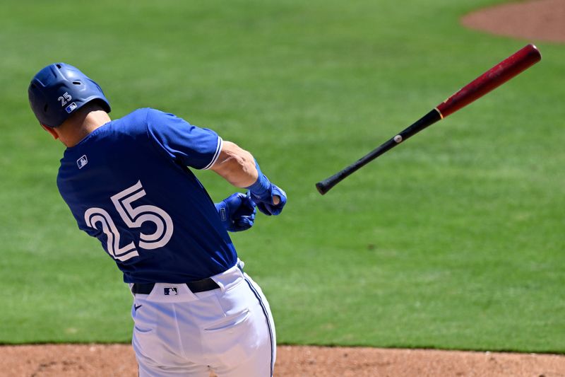 Mar 19, 2024; Dunedin, Florida, USA; The bat slips out of the hands of Toronto Blue Jays left fielder Daulton Varsho (25) in the second inning of the spring training game against the Baltimore Orioles at TD Ballpark. Mandatory Credit: Jonathan Dyer-USA TODAY Sports