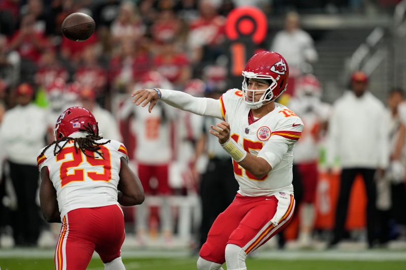 Kansas City Chiefs quarterback Patrick Mahomes throws during the first half of an NFL football game against the Las Vegas Raiders Sunday, Oct. 27, 2024, in Las Vegas. (AP Photo/John Locher)
