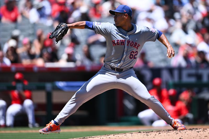Aug 4, 2024; Anaheim, California, USA; New York Mets pitcher Jose Quintana (62) throws a pitch against the Los Angeles Angels during the first inning at Angel Stadium. Mandatory Credit: Jonathan Hui-USA TODAY Sports