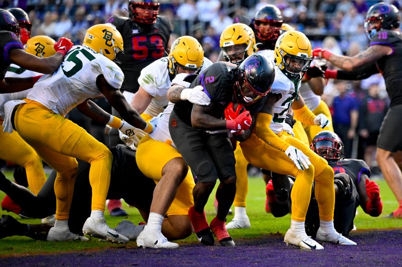 Nov 18, 2023; Fort Worth, Texas, USA; TCU Horned Frogs running back Trey Sanders (2) scores a touchdown against the Baylor Bears during the second half at Amon G. Carter Stadium. Mandatory Credit: Jerome Miron-USA TODAY Sports