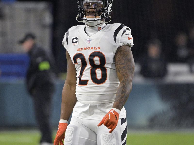 Cincinnati Bengals running back Joe Mixon (28) warms up before an NFL football game against the Jacksonville Jaguars, Monday, Dec. 4, 2023, in Jacksonville, Fla. (AP Photo/Phelan M. Ebenhack)