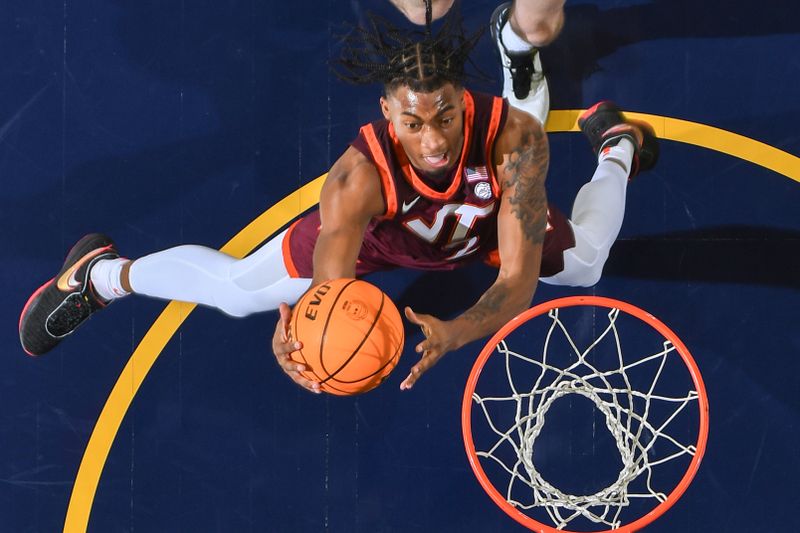 Feb 10, 2024; South Bend, Indiana, USA; Virginia Tech Hokies guard MJ Collins (2) goes up for a shot in the first half against the Notre Dame Fighting Irish at the Purcell Pavilion. Mandatory Credit: Matt Cashore-USA TODAY Sports