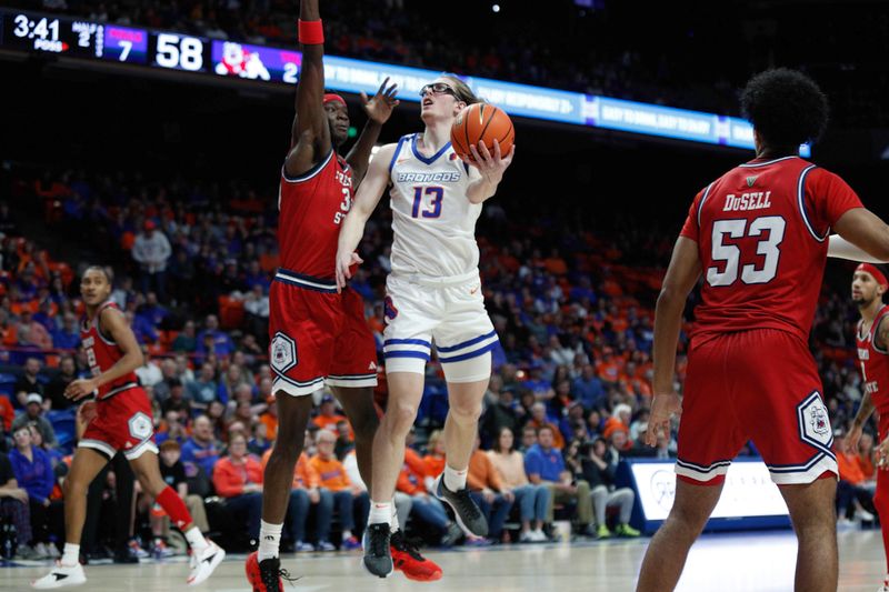 Feb 1, 2024; Boise, Idaho, USA; Boise State Broncos forward Andrew Meadow (13) drives during the second half against the Fresno State Bulldogs at ExtraMile Arena. Boise State defeats Fresno State 90-66. Mandatory Credit: Brian Losness-USA TODAY Sports

