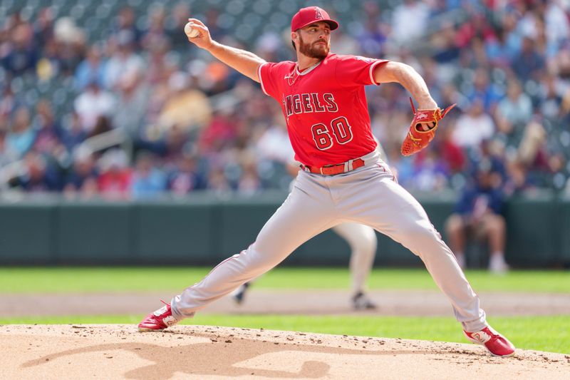 Sep 24, 2023; Minneapolis, Minnesota, USA; Los Angeles Angels relief pitcher Andrew Wantz (60) pitches to the Minnesota Twins in the second inning at Target Field. Mandatory Credit: Matt Blewett-USA TODAY Sports