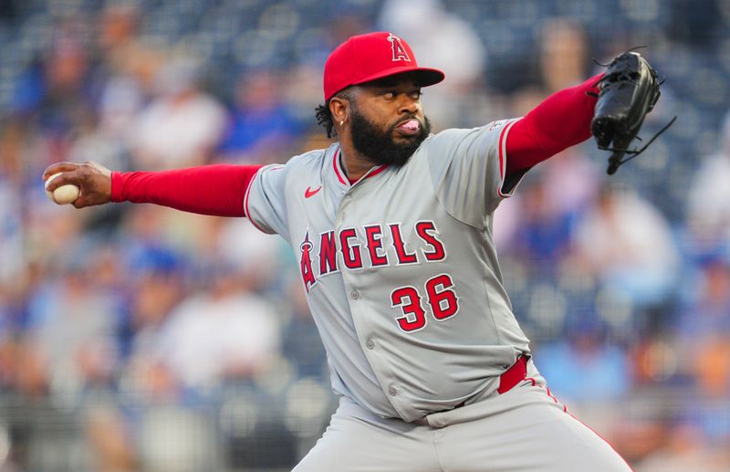 Aug 21, 2024; Kansas City, Missouri, USA; Los Angeles Angels starting pitcher Johnny Cueto (36) pitches during the second inning against the Kansas City Royals at Kauffman Stadium. Mandatory Credit: Jay Biggerstaff-USA TODAY Sports