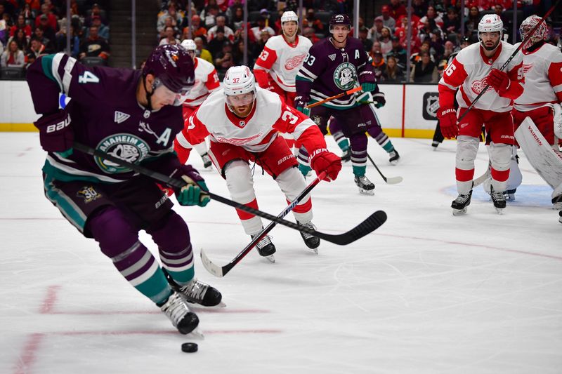 Jan 7, 2024; Anaheim, California, USA; Detroit Red Wings left wing J.T. Compher (37) plays for the puck against Anaheim Ducks defenseman Cam Fowler (4) during the second period at Honda Center. Mandatory Credit: Gary A. Vasquez-USA TODAY Sports