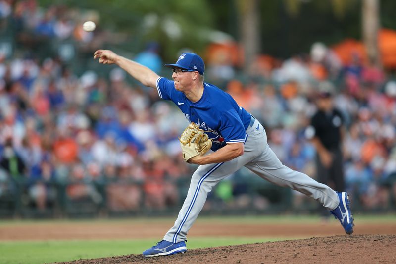 Mar 16, 2023; Sarasota, Florida, USA;  Toronto Blue Jays relief pitcher Trent Thornton (57) throws a pitch against the Baltimore Orioles in the fifth inning during spring training at Ed Smith Stadium. Mandatory Credit: Nathan Ray Seebeck-USA TODAY Sports