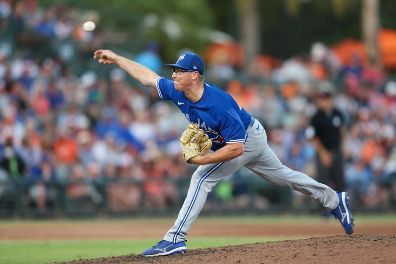 Mar 16, 2023; Sarasota, Florida, USA;  Toronto Blue Jays relief pitcher Trent Thornton (57) throws a pitch against the Baltimore Orioles in the fifth inning during spring training at Ed Smith Stadium. Mandatory Credit: Nathan Ray Seebeck-USA TODAY Sports