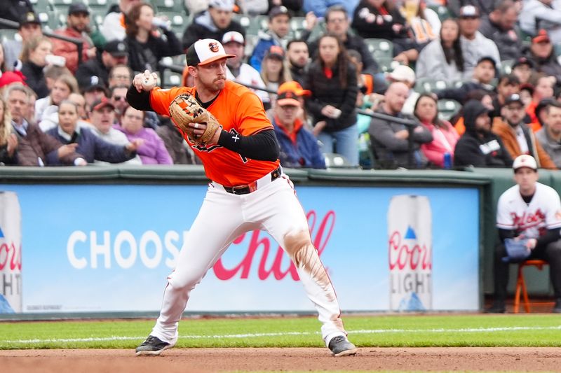 Apr 27, 2024; Baltimore, Maryland, USA; Baltimore Orioles third baseman Jordan Westburg (11) starts a double play on a ball hit by Oakland Athletics catcher Shea Langeliers (not pictured) during the seventh inning at Oriole Park at Camden Yards. Mandatory Credit: Gregory Fisher-USA TODAY Sports