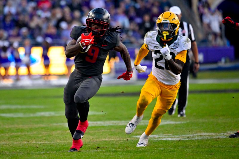 Nov 18, 2023; Fort Worth, Texas, USA; TCU Horned Frogs running back Emani Bailey (9) runs for a touchdown against the Baylor Bears during the second half at Amon G. Carter Stadium. Mandatory Credit: Jerome Miron-USA TODAY Sports