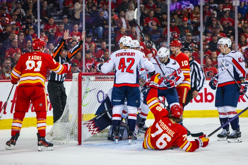 Mar 18, 2024; Calgary, Alberta, CAN; Washington Capitals goaltender Charlie Lindgren (79) makes a save against the Calgary Flames during the second period at Scotiabank Saddledome. Mandatory Credit: Sergei Belski-USA TODAY Sports