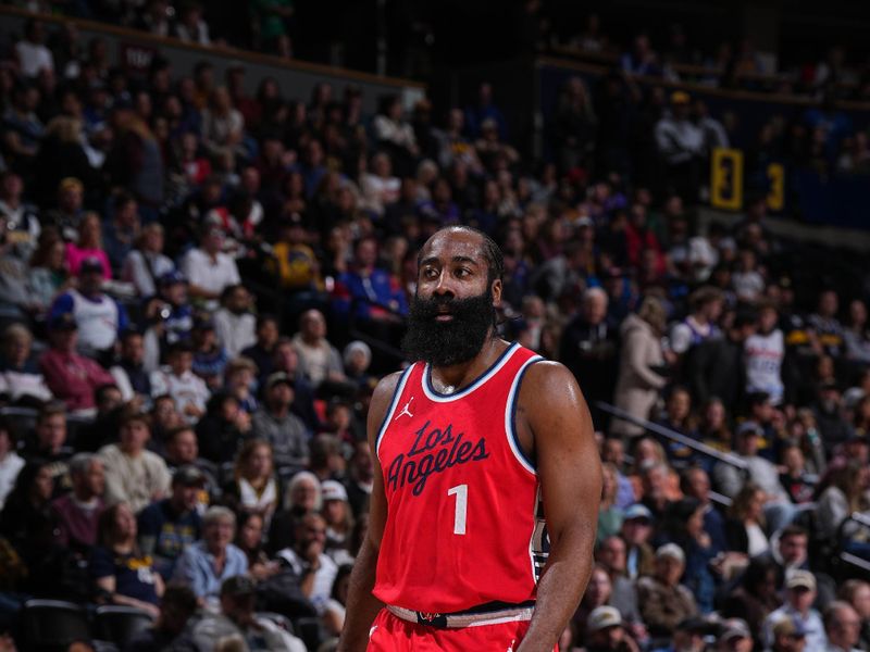 DENVER, CO - DECEMBER 13: James Harden #1 of the LA Clippers looks on during the game against the Denver Nuggets on December 13, 2024 at Ball Arena in Denver, Colorado. NOTE TO USER: User expressly acknowledges and agrees that, by downloading and/or using this Photograph, user is consenting to the terms and conditions of the Getty Images License Agreement. Mandatory Copyright Notice: Copyright 2024 NBAE (Photo by Garrett Ellwood/NBAE via Getty Images)