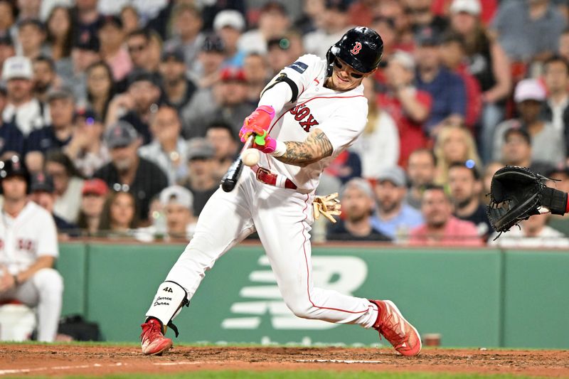 May 31, 2023; Boston, Massachusetts, USA; Boston Red Sox center fielder Jarren Duran (16) hits a RBI double against the Cincinnati Reds during the eighth  inning at Fenway Park. Mandatory Credit: Brian Fluharty-USA TODAY Sports