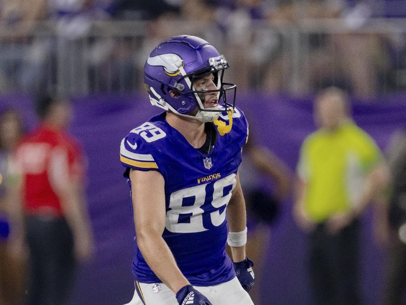 Minnesota Vikings wide receiver Thayer Thomas (89) in action during the second half of an NFL preseason football game against the Tennessee Titans, Saturday, Aug. 19, 2023 in Minneapolis. Tennessee won 24-16. (AP Photo/Stacy Bengs)