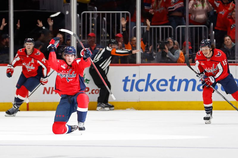 Nov 22, 2023; Washington, District of Columbia, USA; Washington Capitals center Dylan Strome (17) celebrates after scoring the game winning goal in overtime against the Buffalo Sabres at Capital One Arena. Mandatory Credit: Geoff Burke-USA TODAY Sports