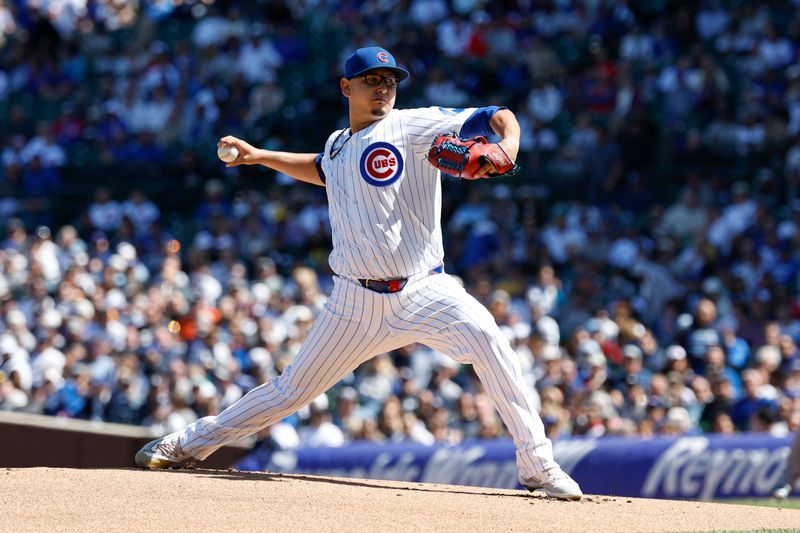 Sep 7, 2024; Chicago, Illinois, USA; Chicago Cubs starting pitcher Javier Assad (72) delivers a pitch against the New York Yankees during the first inning at Wrigley Field. Mandatory Credit: Kamil Krzaczynski-Imagn Images