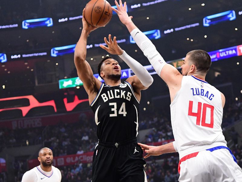 LOS ANGELES, CA - MARCH 10: Giannis Antetokounmpo #34 of the Milwaukee Bucks shoots the ball during the game against the LA Clippers on March 10, 2024 at Crypto.Com Arena in Los Angeles, California. NOTE TO USER: User expressly acknowledges and agrees that, by downloading and/or using this Photograph, user is consenting to the terms and conditions of the Getty Images License Agreement. Mandatory Copyright Notice: Copyright 2024 NBAE (Photo by Adam Pantozzi/NBAE via Getty Images)