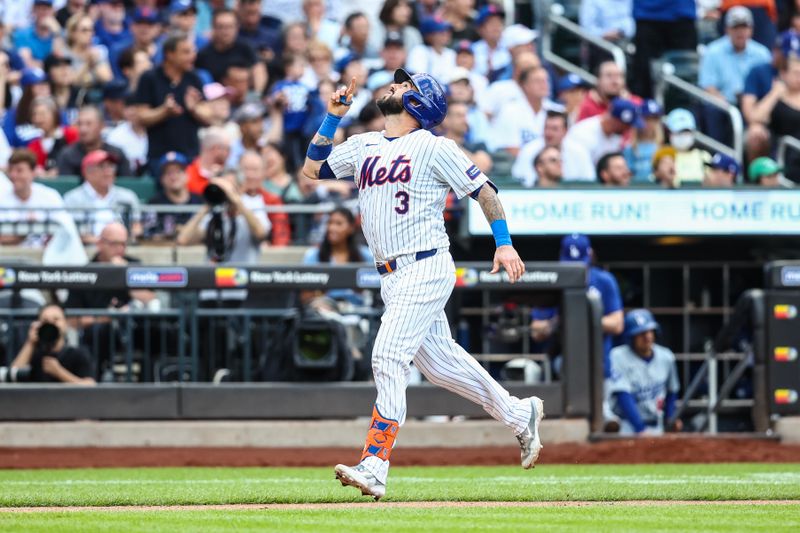 May 29, 2024; New York City, New York, USA;  New York Mets catcher Tomás Nido (3) gestures after hitting a two run home run in the fifth inning against the Los Angeles Dodgers at Citi Field. Mandatory Credit: Wendell Cruz-USA TODAY Sports