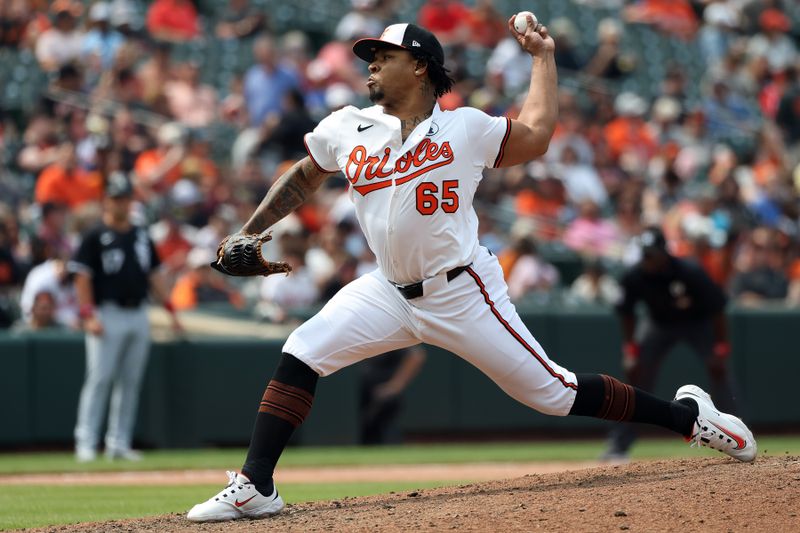 Jun 1, 2025; Baltimore, Maryland, USA; Baltimore Orioles pitcher Gregory Soto (65) throws during the seventh inning against the Chicago White Sox at Oriole Park at Camden Yards. Mandatory Credit: Daniel Kucin Jr.-Imagn Images