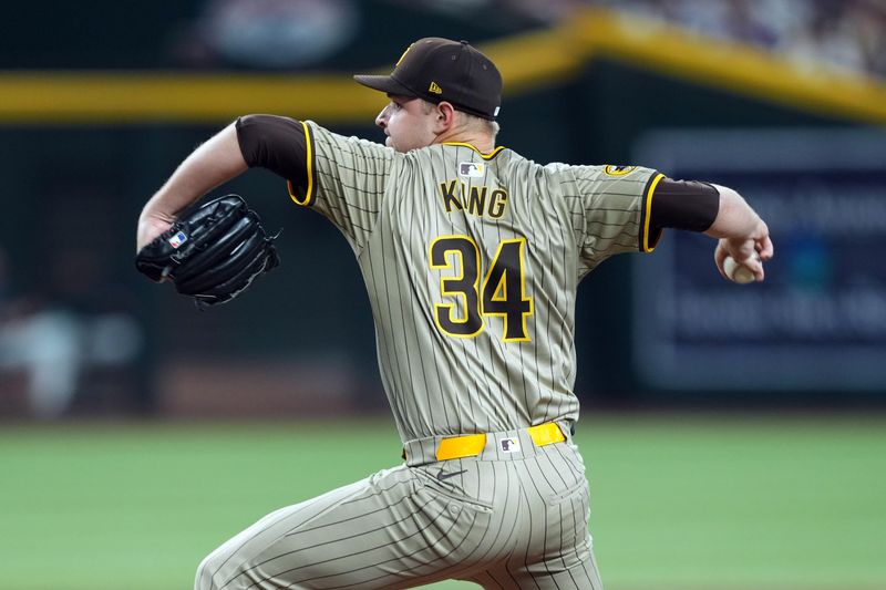 May 4, 2024; Phoenix, Arizona, USA; San Diego Padres pitcher Michael King (34) pitches against the Arizona Diamondbacks during the first inning at Chase Field. Mandatory Credit: Joe Camporeale-USA TODAY Sports