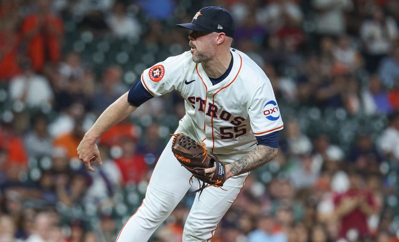 May 1, 2024; Houston, Texas, USA;  Houston Astros pitcher Ryan Pressly (55) delivers a pitch during the ninth inning against the Cleveland Guardians at Minute Maid Park. Mandatory Credit: Troy Taormina-USA TODAY Sports