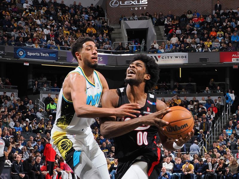 INDIANAPOLIS, IN - NOVEMBER 27: Scoot Henderson #00 of the Portland Trail Blazers drives to the basket during the game against the Indiana Pacers on November 27, 2024 at Gainbridge Fieldhouse in Indianapolis, Indiana. NOTE TO USER: User expressly acknowledges and agrees that, by downloading and or using this Photograph, user is consenting to the terms and conditions of the Getty Images License Agreement. Mandatory Copyright Notice: Copyright 2024 NBAE (Photo by Ron Hoskins/NBAE via Getty Images)