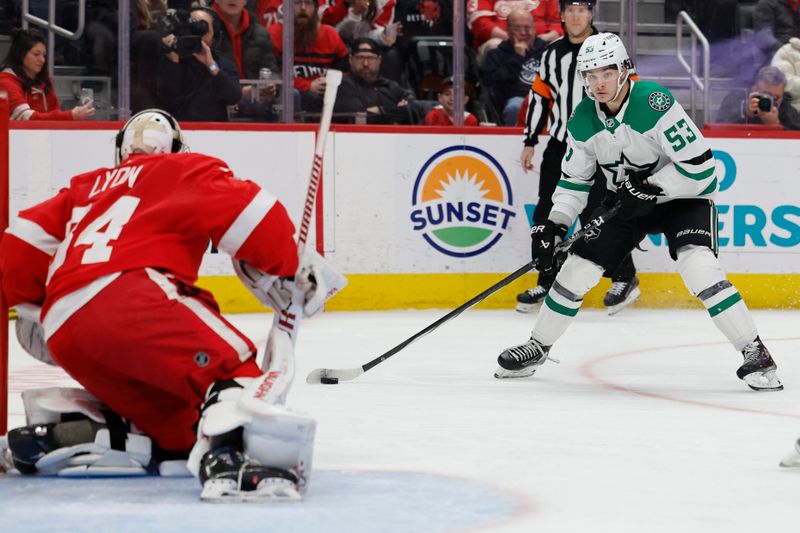 Jan 23, 2024; Detroit, Michigan, USA;  Dallas Stars center Wyatt Johnston (53) skates with the puck in the first period against the Detroit Red Wings at Little Caesars Arena. Mandatory Credit: Rick Osentoski-USA TODAY Sports